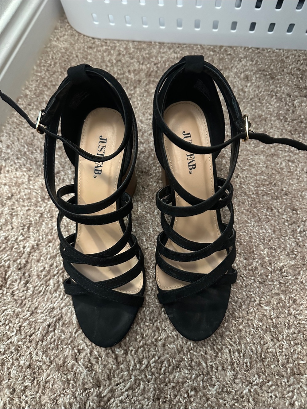 JustFab Black Strappy Block Heel Sandals with Tan Stacked Heel - Picture 2 of 4